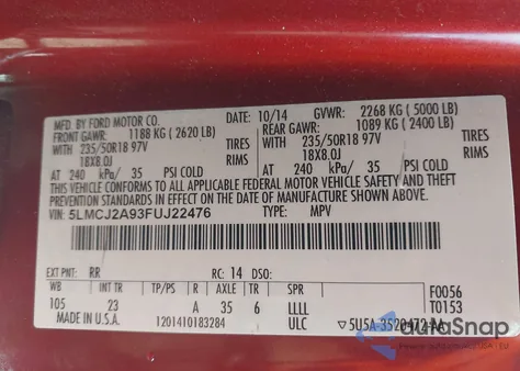 2015 Lincoln Mkc from USA, damaged, VIN 5LMCJ2A93FUJ22476